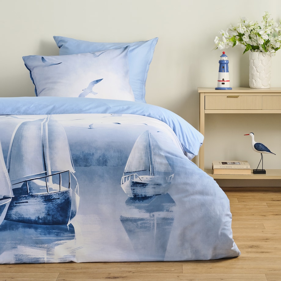 Pościel z bawełny satynowej Boatsi 160x200 cm z motywem morskim