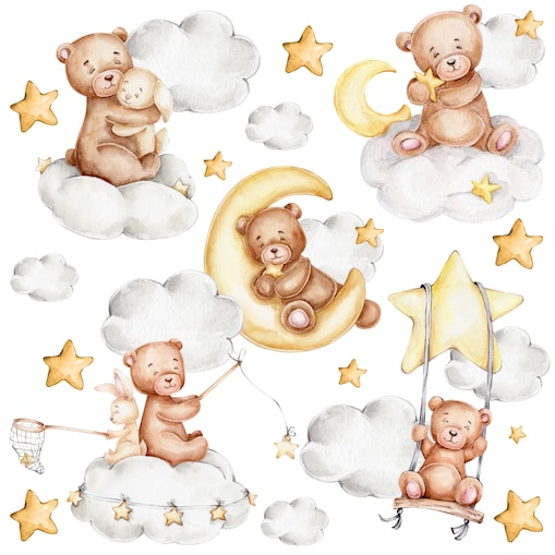 Naklejki Ścienne Dla Dzieci Misie Gwiazdy Księżyce Chmury Króliczki ZESTAW 60x30cm