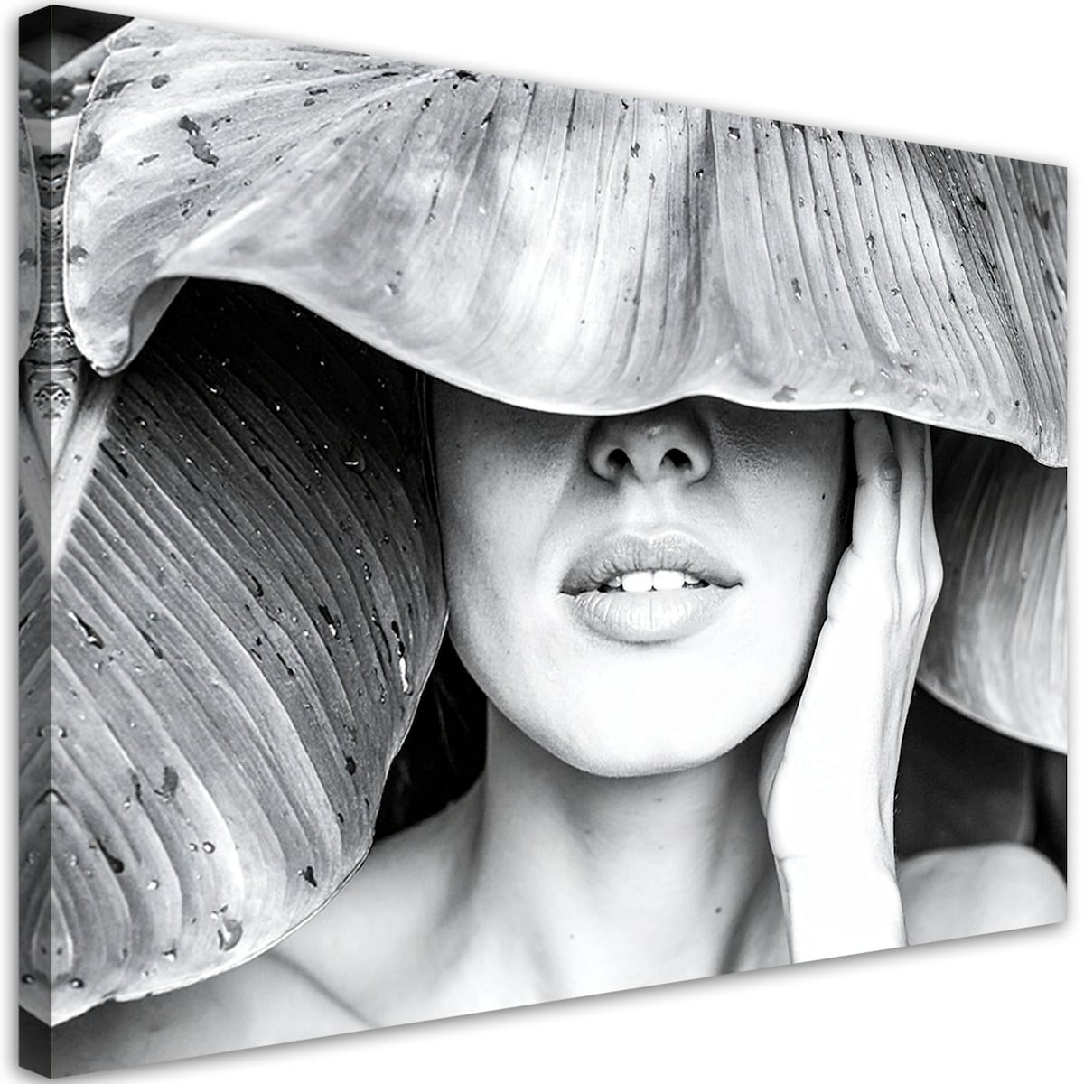 Obraz czarno biały do salonu sypialni, Kobieta i liście na głowie 90x60