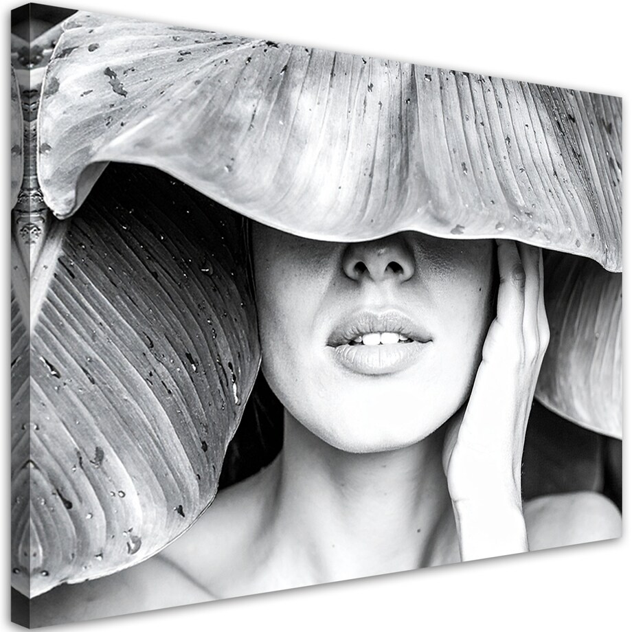 Obraz czarno biały do salonu sypialni, Kobieta i liście na głowie 90x60