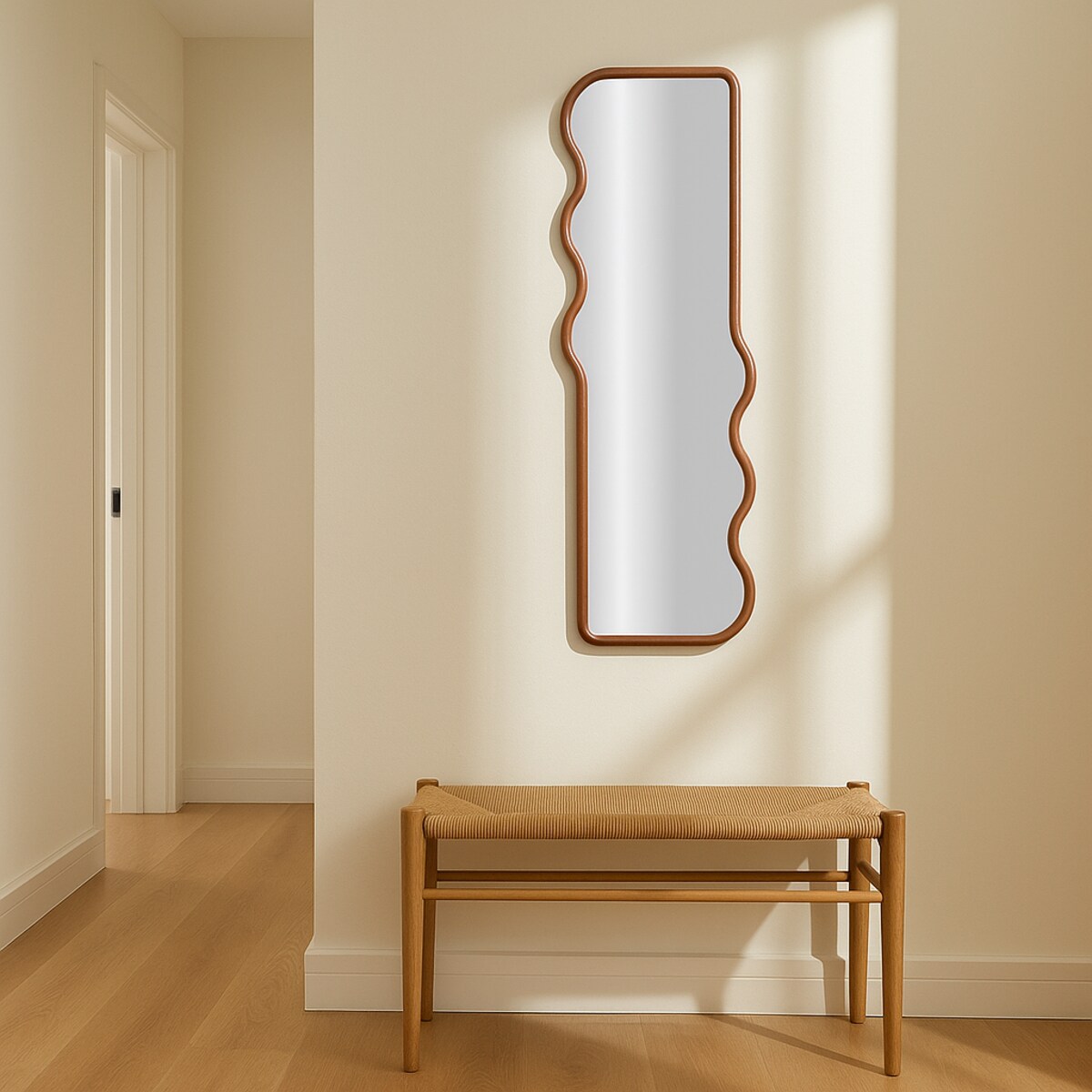 Asymetryczne lustro w drewnianej ramie chera