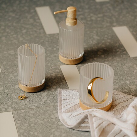 Dozownik Łazienkowy z ryflowanego szkła i drewna Apari