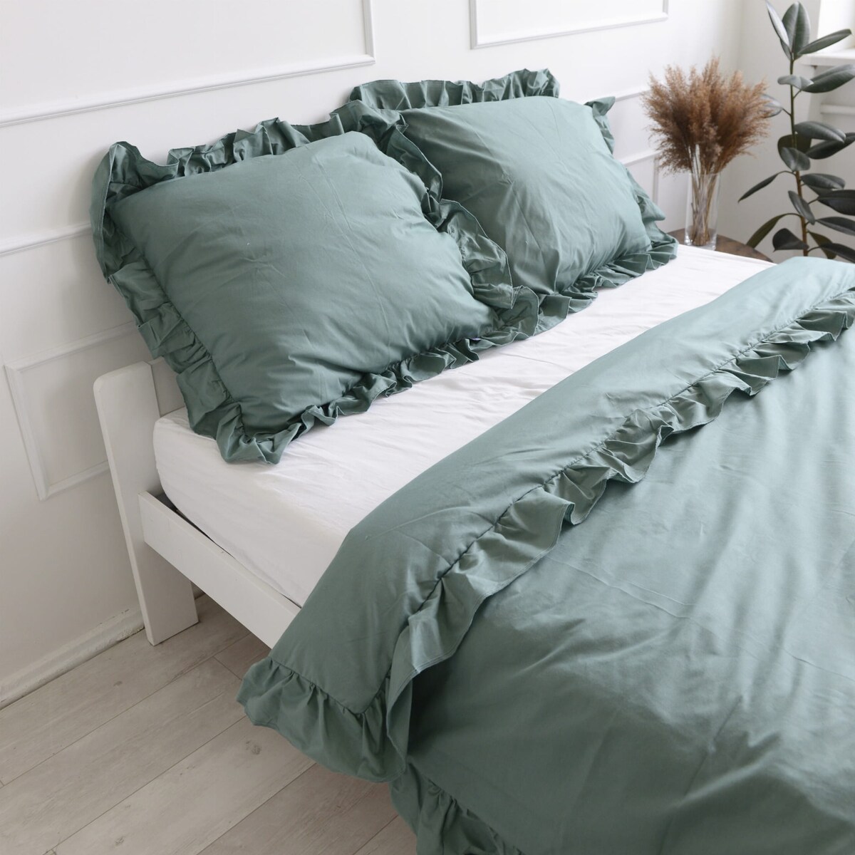 Pościel bawełniana z falbanką boho zieleń 160/200 + 2x70/80