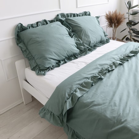 Pościel bawełniana z falbanką boho zieleń 160/200 + 2x70/80