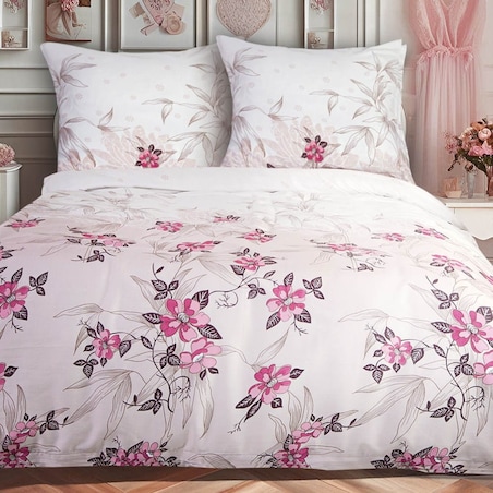 Pościel satyna bawełniana 220x200 Satynlove biała w różowe kwiaty