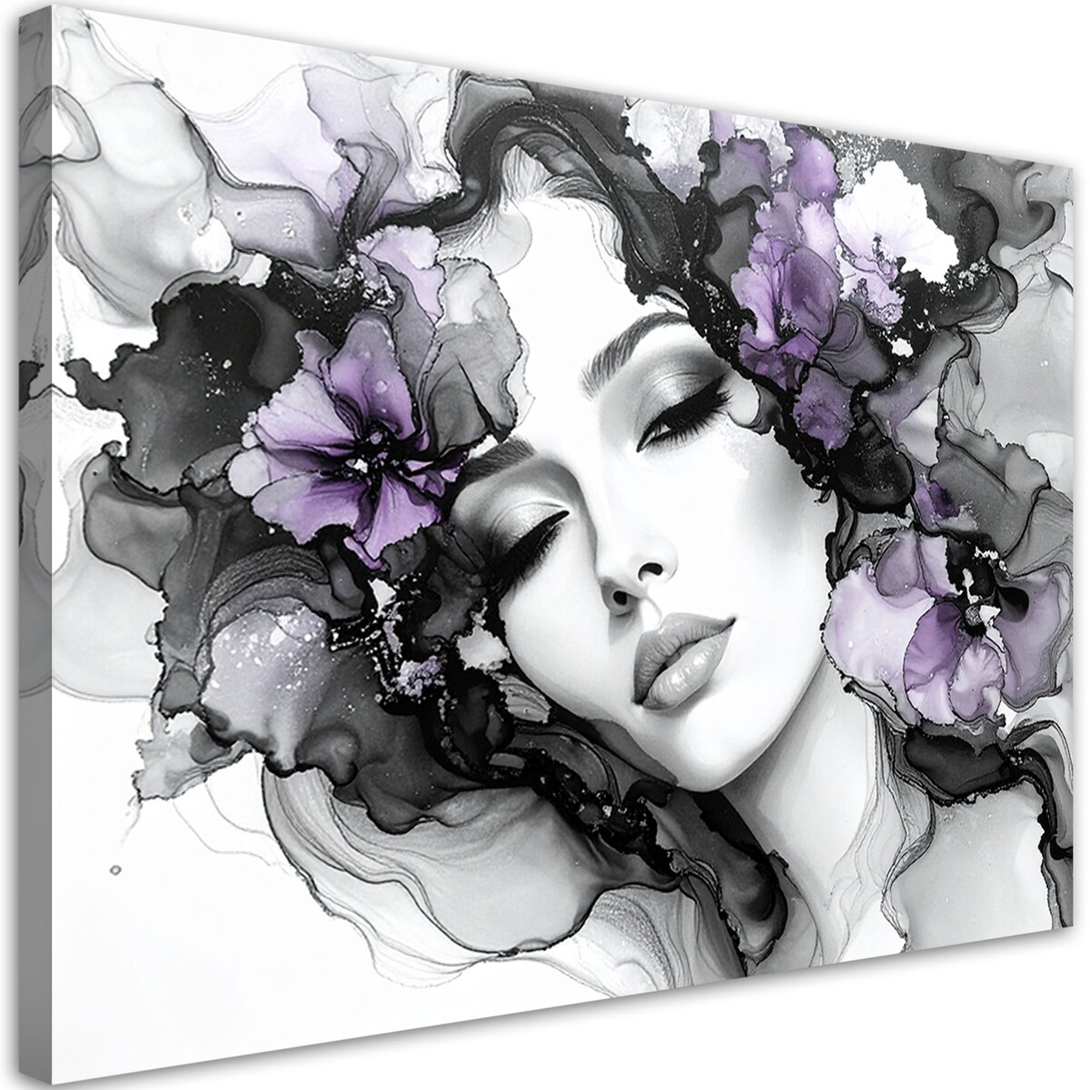 Obraz czarno biały do salonu sypialni, Kobieta i fioletowe kwiaty na głowie 90x60 cm