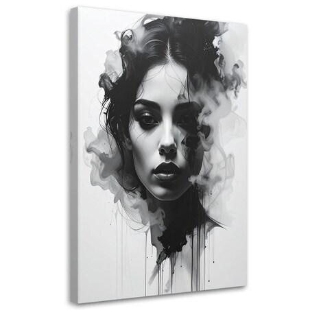 Nowoczesny obraz do salonu sypialni, Abstrakcja Kobieta portret czarno biały z efektem dymu 60x90 cm