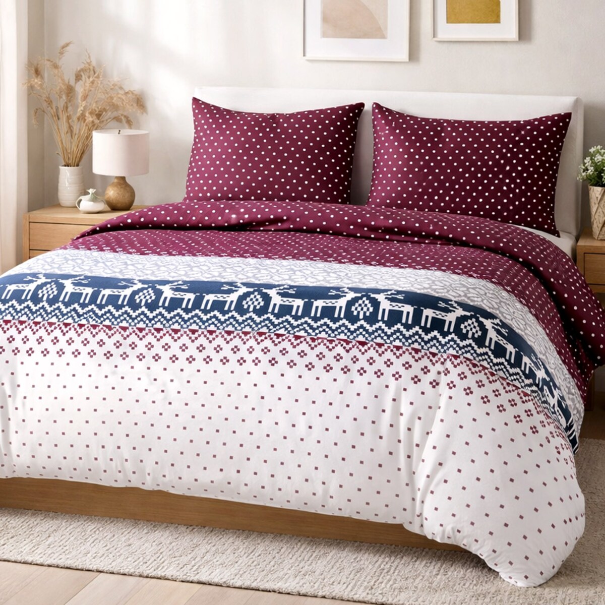 Pościel flanelowa 160x200 Arvena bordowa w renifery i kratkę, Flanelove