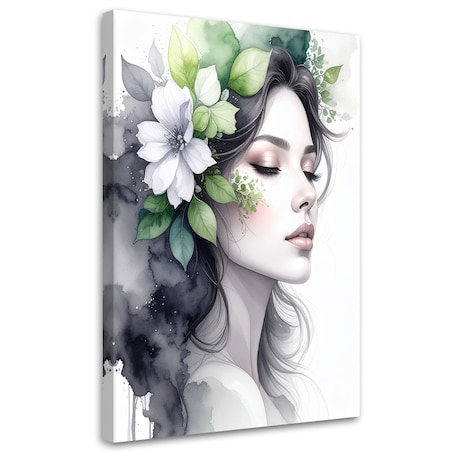 Obraz do salonu sypialni, Kobieta z zielonymi kwiatami na głowie 70x100