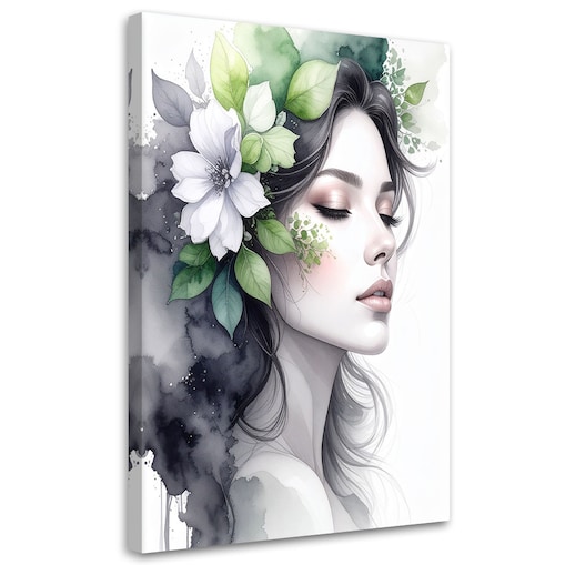 Obraz do salonu sypialni, Kobieta z zielonymi kwiatami na głowie 70x100