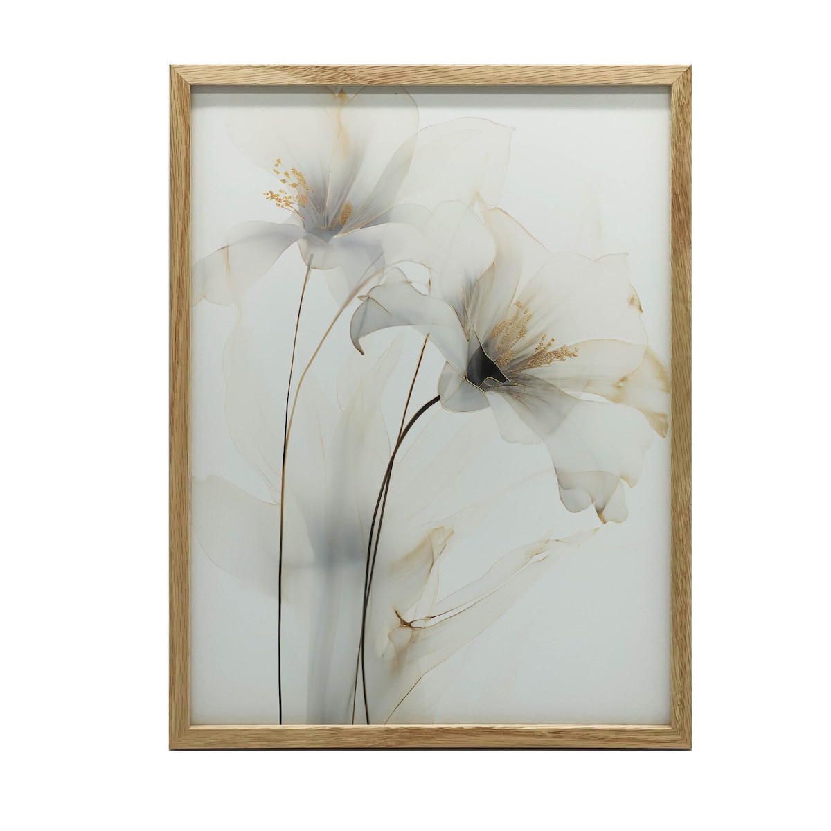 Białe Lilie ze Złotym Blaskiem, 50x70 cm, rama drewniana jasny dąb, papier matowy 230 gsm