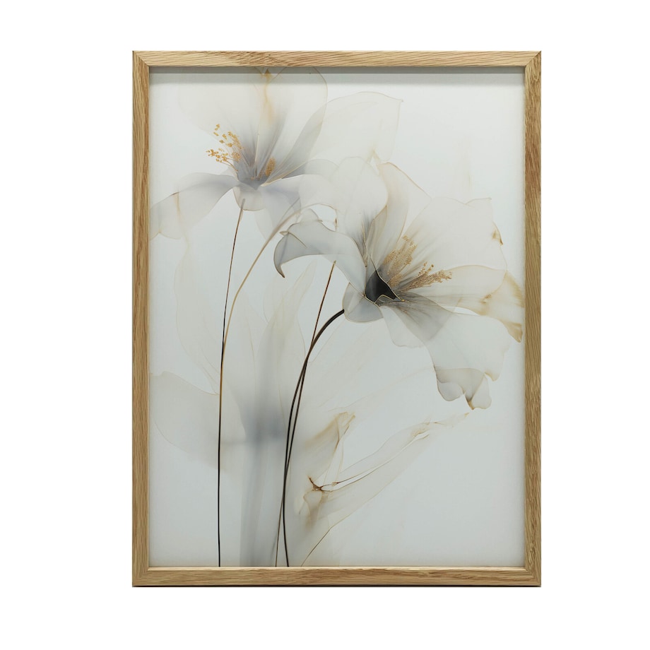 Białe Lilie ze Złotym Blaskiem, 50x70 cm, rama drewniana jasny dąb, papier matowy 230 gsm