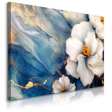 Obraz Do Salonu Białe Kwiaty Niebieski Marmur Glamour Abstrakcja 70x50cm