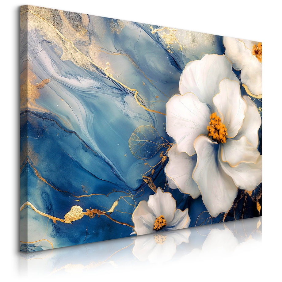 Obraz Do Salonu Białe Kwiaty Niebieski Marmur Glamour Abstrakcja 70x50cm