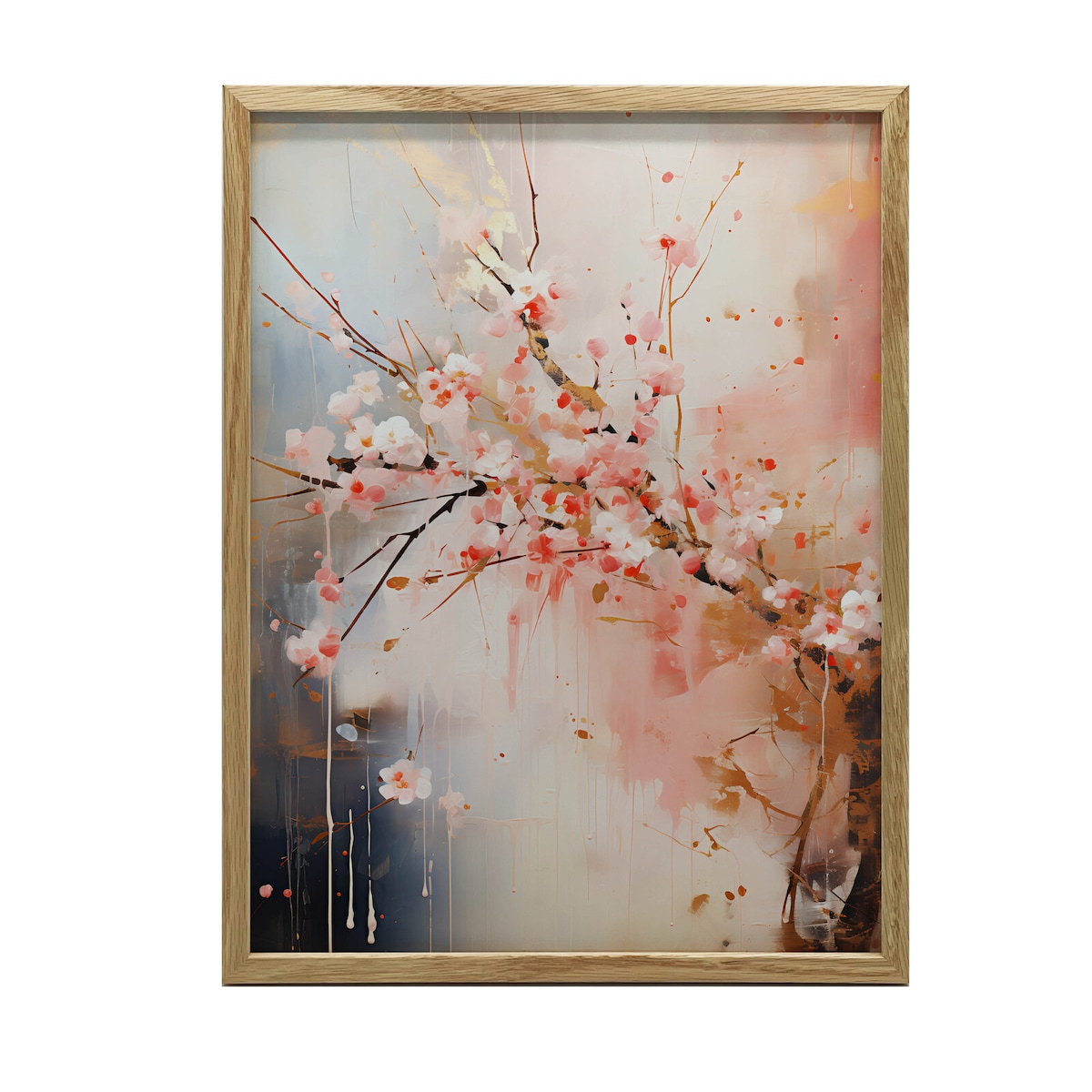 Kwitnąca Wiśnia: Symfonia Różu i Złota, 50x70 cm, rama drewniana jasny dąb, papier matowy 230 gsm