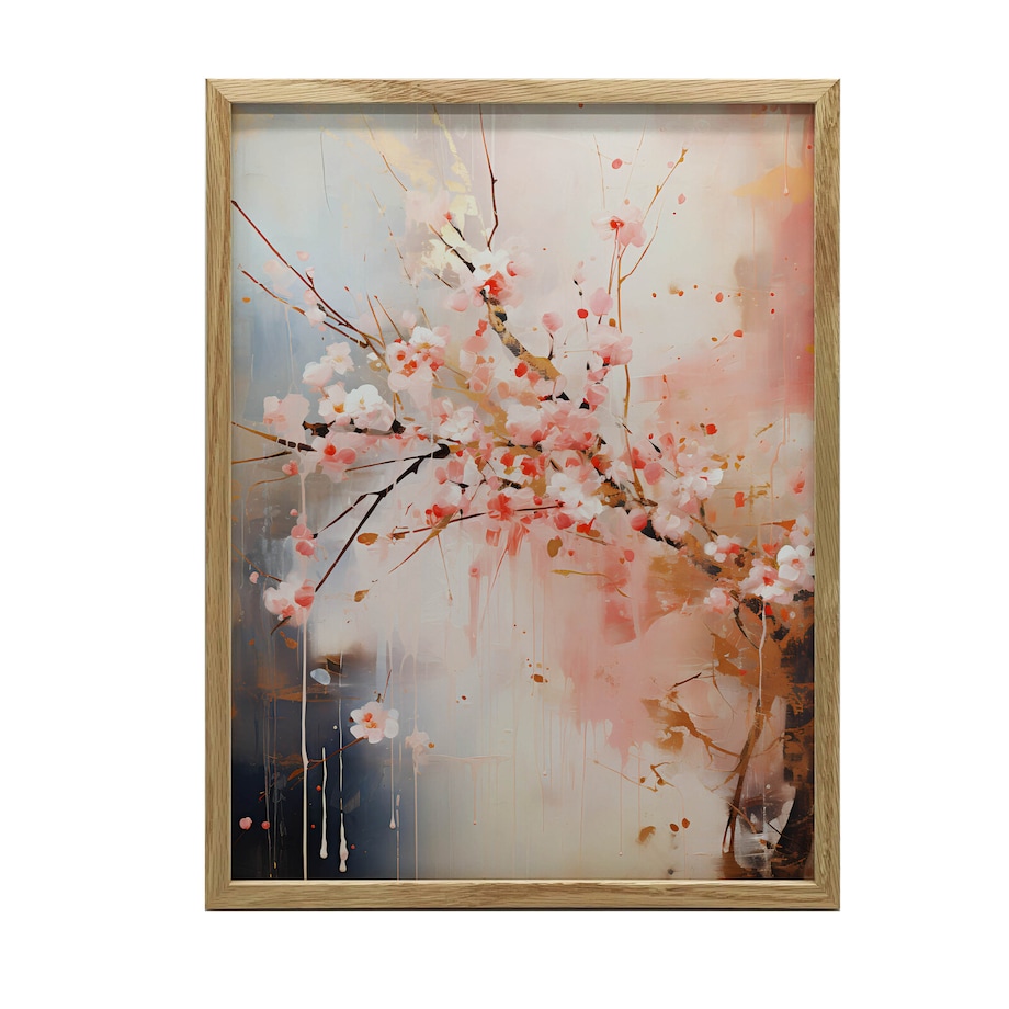 Kwitnąca Wiśnia: Symfonia Różu i Złota, 50x70 cm, rama drewniana jasny dąb, papier matowy 230 gsm