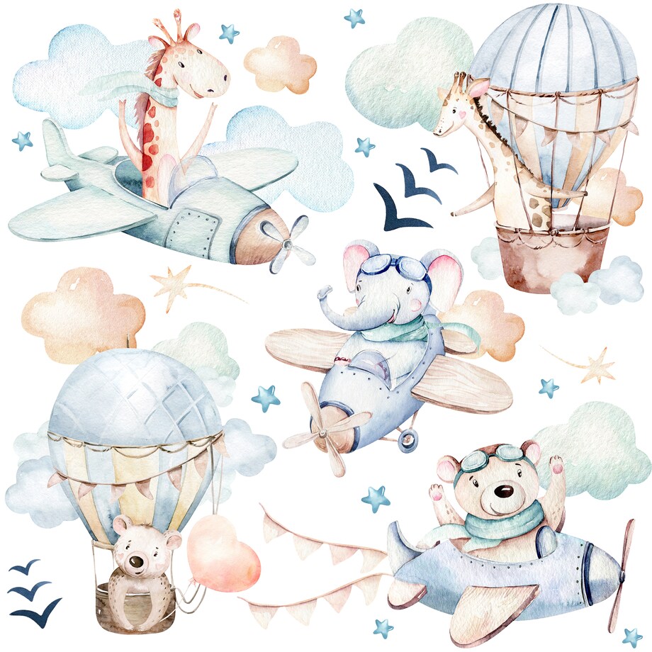 Naklejki Dla Dzieci Zwierzątka Misie Żyrafy Balony Chmurki Gwiazdy ZESTAW 60x30cm
