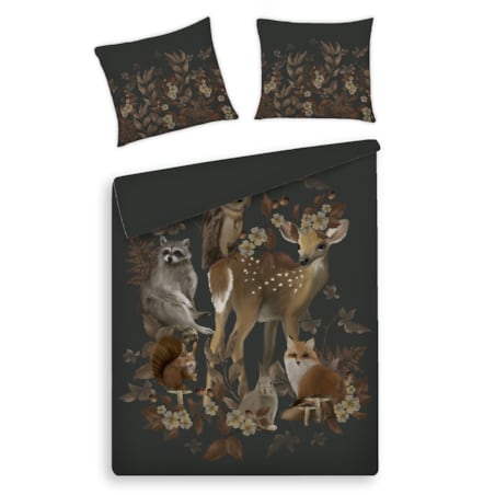 Pościel z bawełny satynowej Vilderis 160x200 cm z motywem zwierząt leśnych