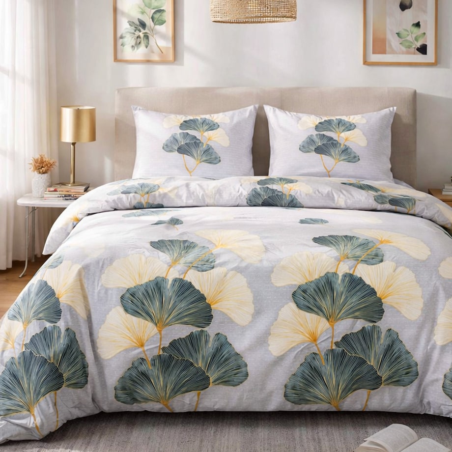 Pościel flanelowa 220x200 Solenne Light szara, liście miłorzębu, Flanelove