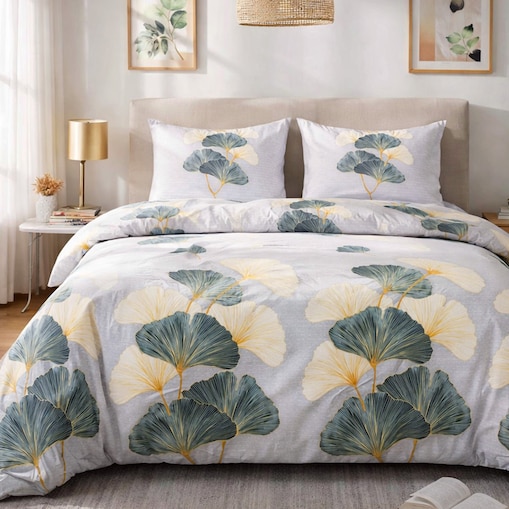 Pościel flanelowa 220x200 Solenne Light szara, liście miłorzębu, Flanelove