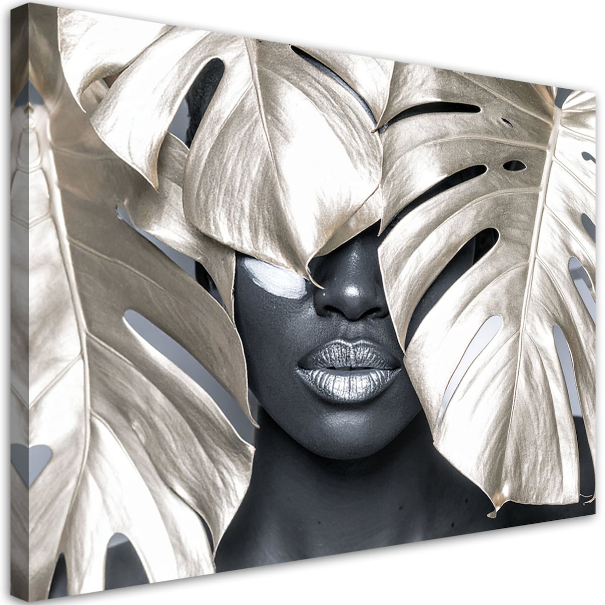 Obraz do salonu sypialni, Kobieta i liście monstery na głowie 120x80