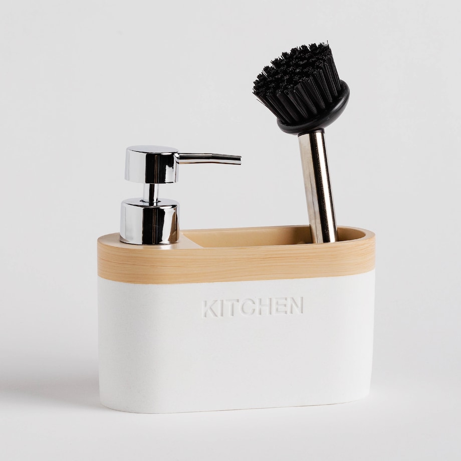 Kitchen Dispenser With Brush And Space For Sponge  