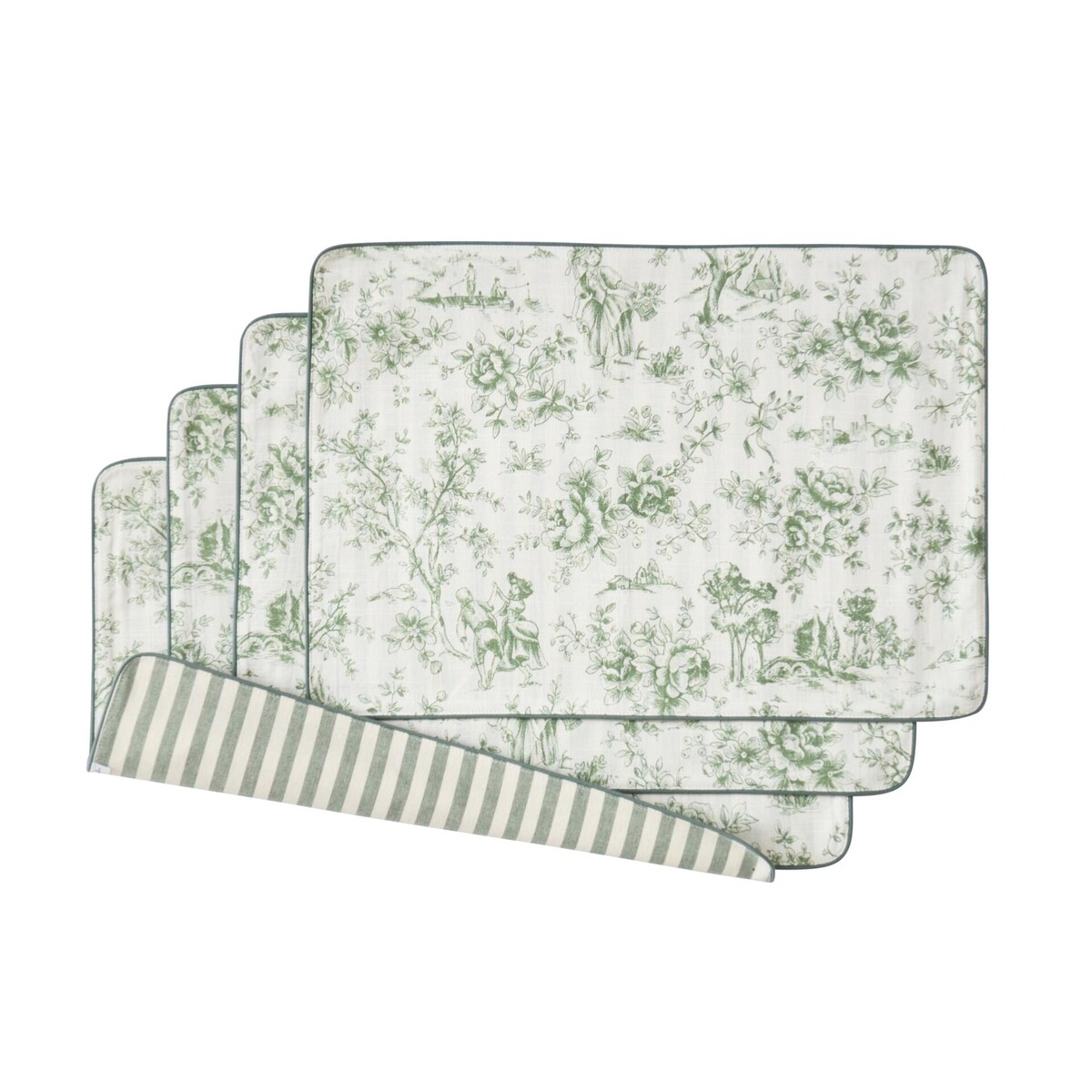 Dwustronne podkładki w stylu francuskim Toile de Jouy Green & Stripes – komplet 4 szt.