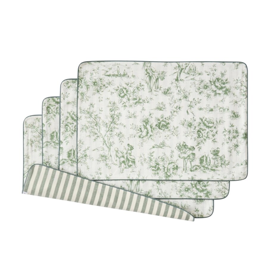 Dwustronne podkładki w stylu francuskim Toile de Jouy Green & Stripes – komplet 4 szt.