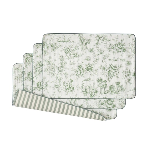 Dwustronne podkładki w stylu francuskim Toile de Jouy Green & Stripes – komplet 4 szt.