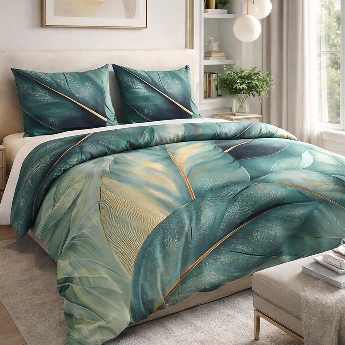 Pościel satyna bawełniana 180x200 Selvado zielona w liście i złote akcenty, Satynlove Premium