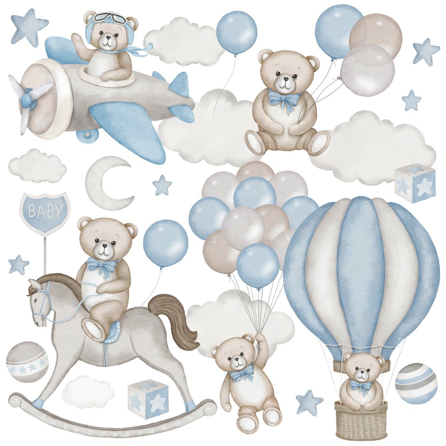 Naklejki Na Ścianę Dla Dzieci Misie Balony Chmurki Koń Na Biegunach Zestaw 60x30cm