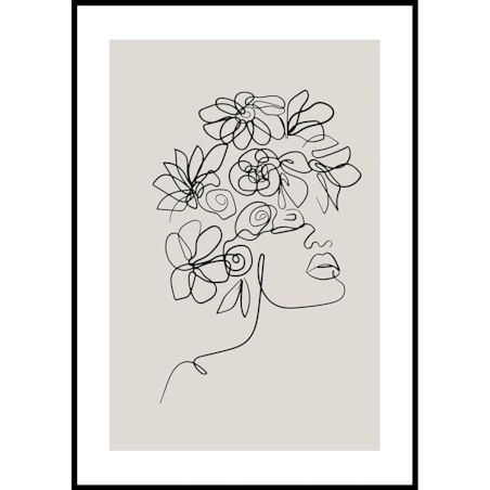 plakat line art dziewczyna z kwiatami beż 30x40 cm