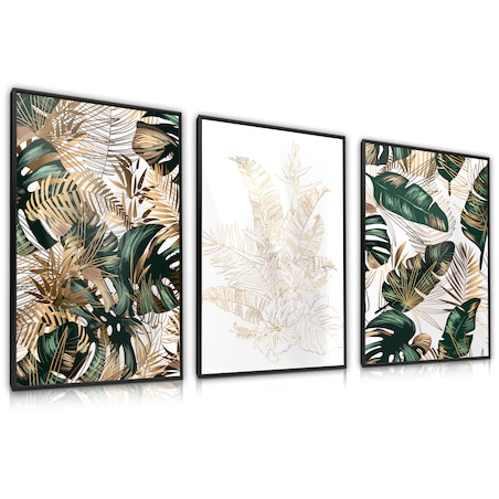 ZESTAW 3X PLAKAT W RAMIE LIŚCIE BANANOWE PALMY GLAMOUR ABSTRAKCJA 30x40cm