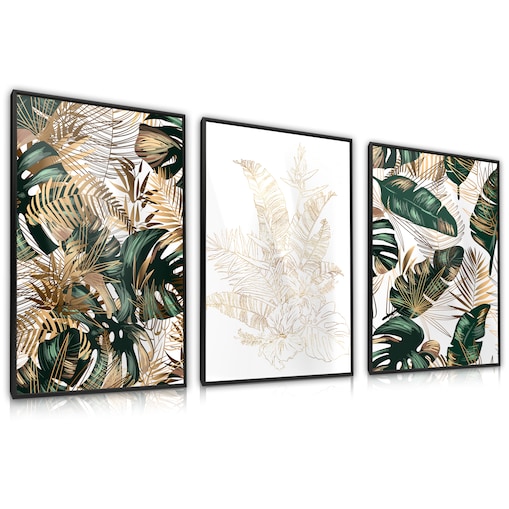ZESTAW 3X PLAKAT W RAMIE LIŚCIE BANANOWE PALMY GLAMOUR ABSTRAKCJA 30x40cm
