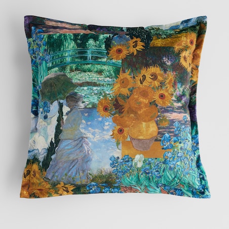 Poszewka z nadrukiem Impresjo 45x45 cm inspirowany motywami z obrazów Vincenta van Gogha i Claude'a Moneta