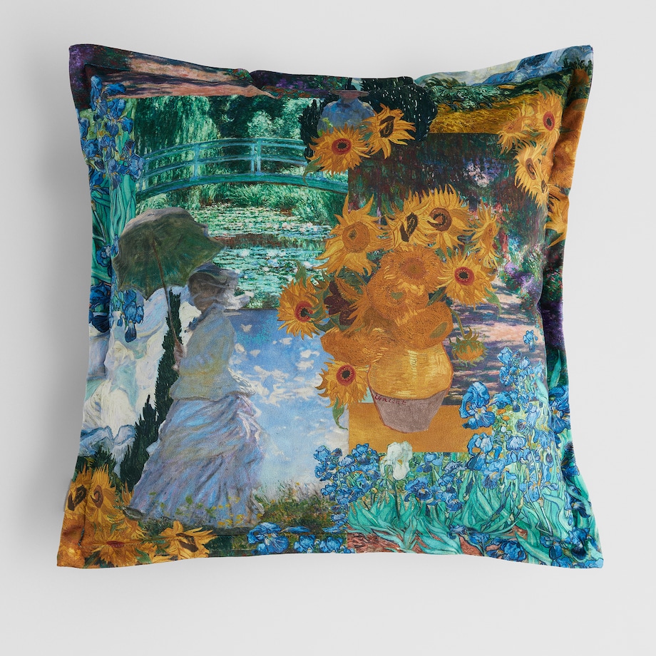 Poszewka z nadrukiem Impresjo 45x45 cm inspirowany motywami z obrazów Vincenta van Gogha i Claude'a Moneta
