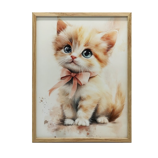 Uroczy kotek z różową kokardą, 50x70 cm, rama drewniana jasny dąb, papier matowy 230 gsm
