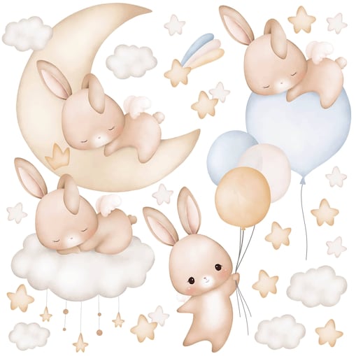 Naklejki Dla Dzieci Śpiące Króliczki Chmurki Gwiazdy Balony Boho ZESTAW 120x60cm