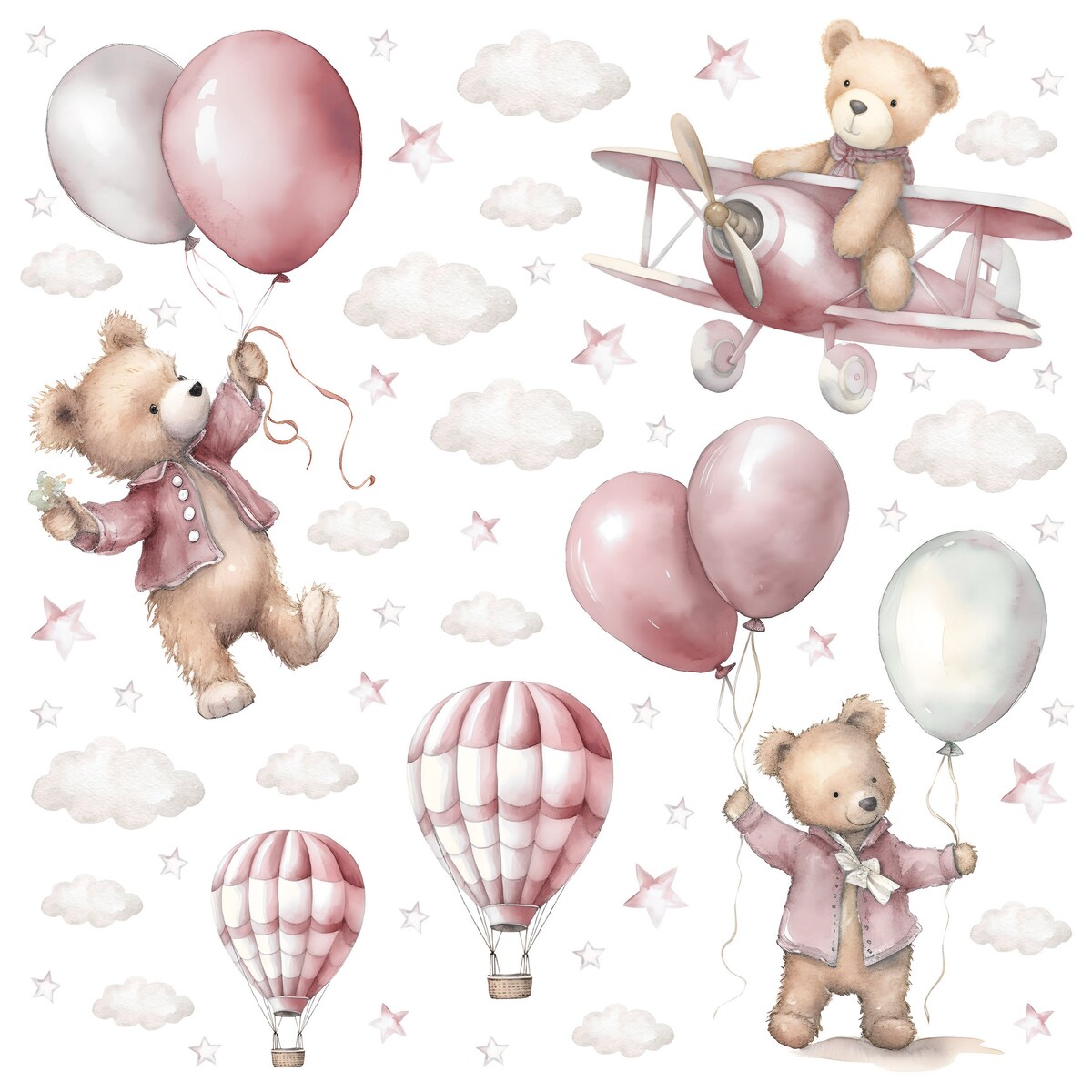 Naklejki Dla Dzieci Misie Z Balonami W Stylu Boho ZESTAW