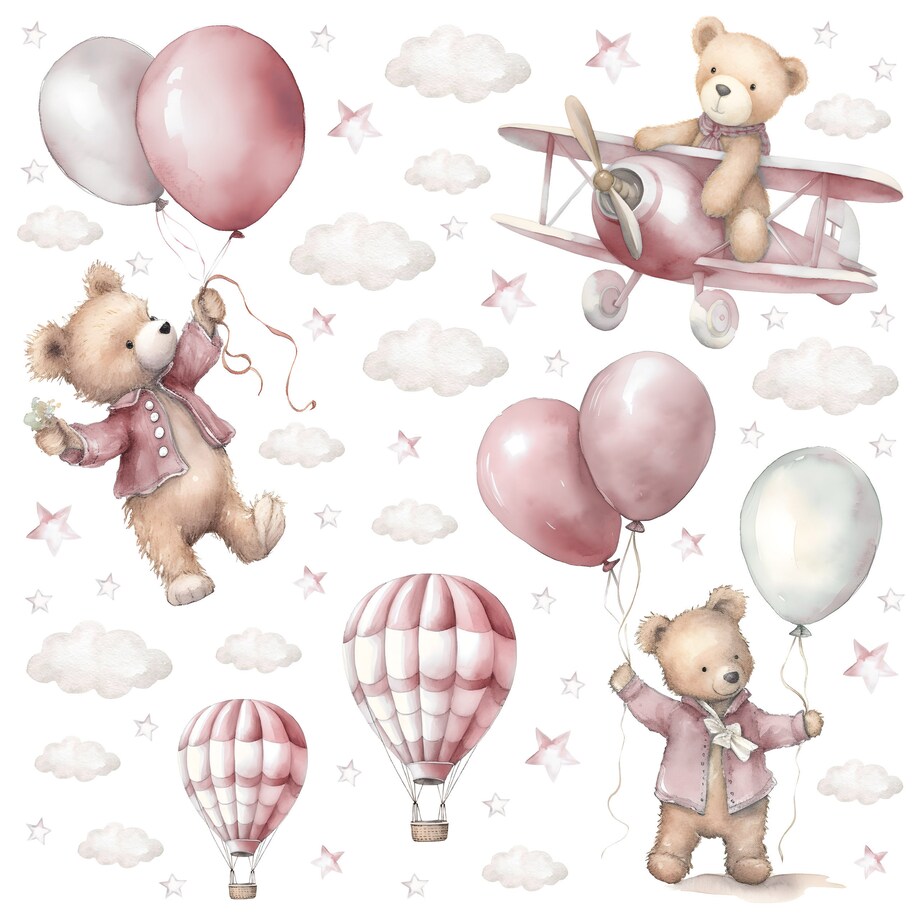 Naklejki Dla Dzieci Misie Z Balonami W Stylu Boho ZESTAW
