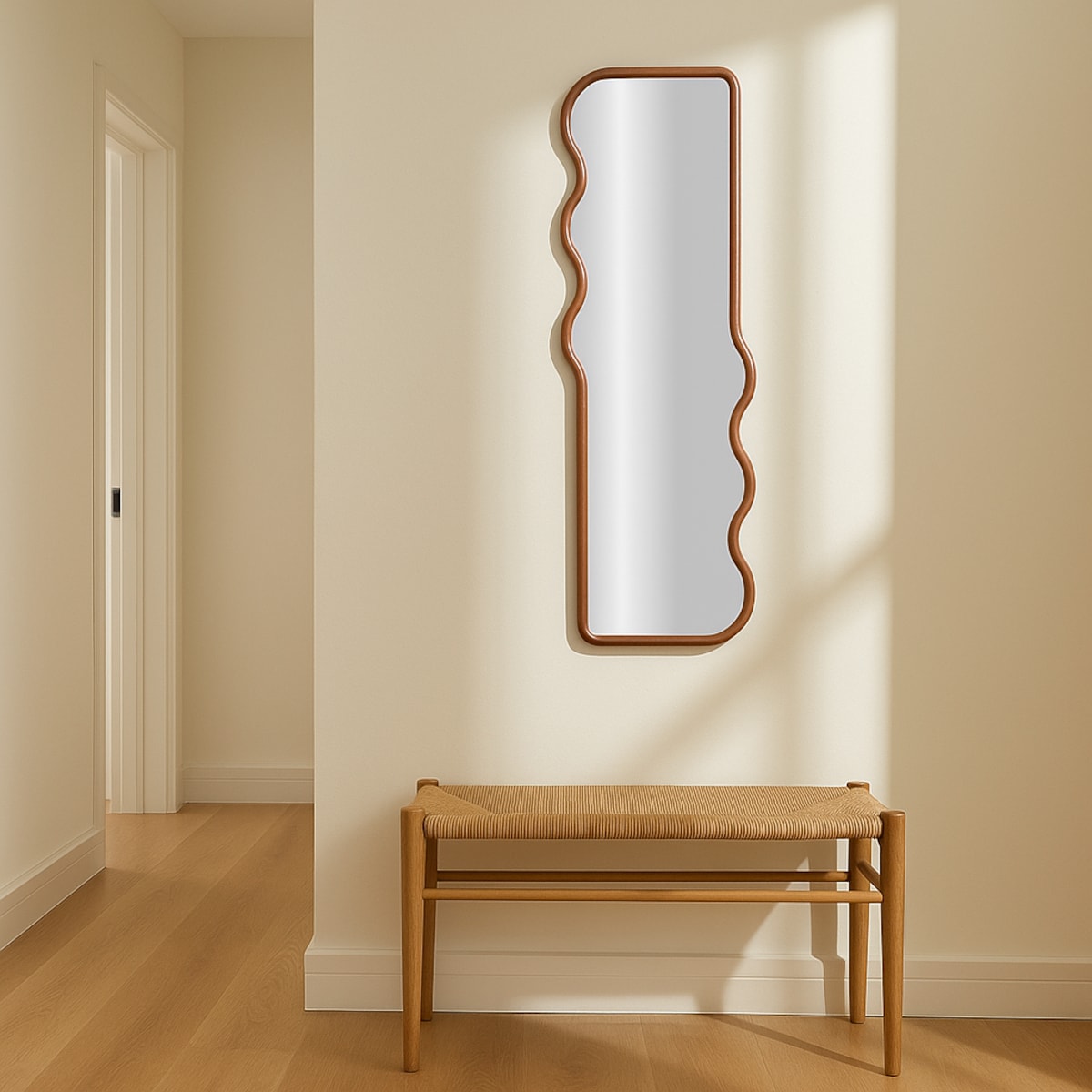 Asymetryczne lustro w drewnianej ramie chera