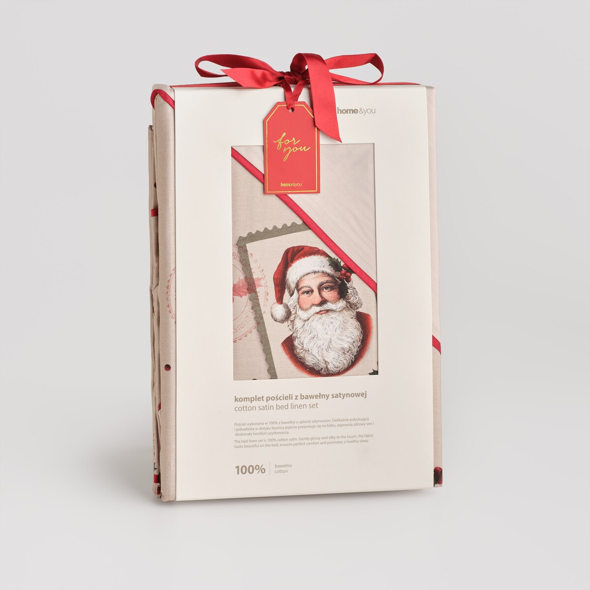 Pościel z bawełny satynowej z lamówką Winterpost 160x200 cm z motywem mikołaja