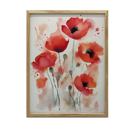 Czerwone Maki w Akwareli, 50x70 cm, rama drewniana jasny dąb, papier matowy 230 gsm