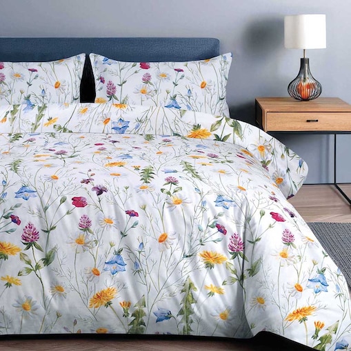 Pościel satyna bawełniana Floria biała w kolorowe polne kwiaty, Satynlove