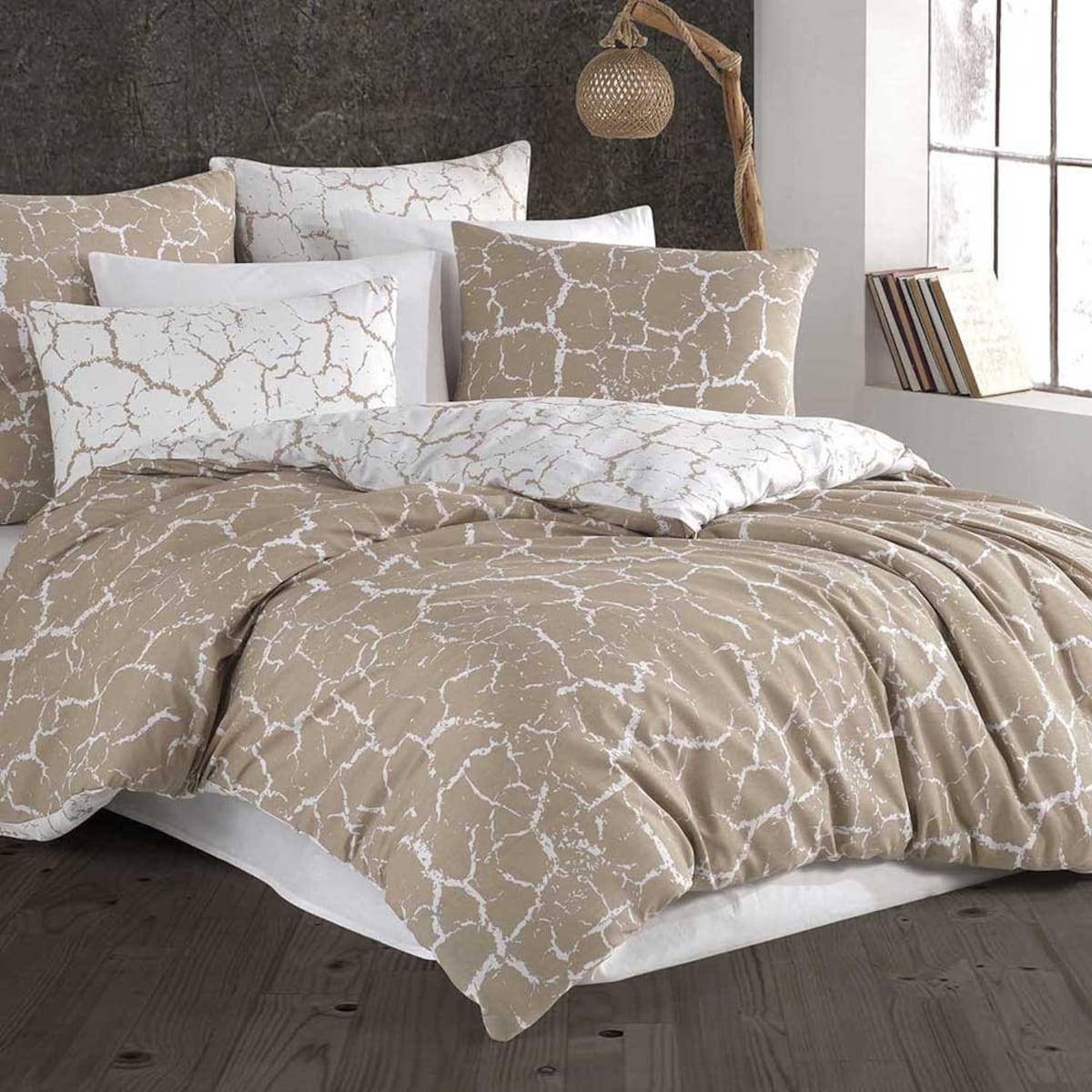 Pościel bawełniana Mercer Beige beżowa i biała w dekoracyjny wzór, Cottonlove Exclusive, Darymex