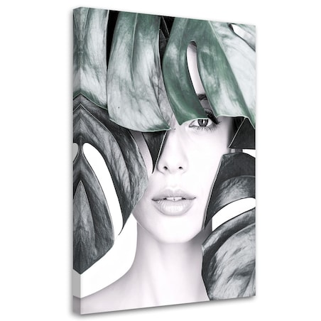 Obraz nowoczesny do salonu sypialni, Portret kobieta i liście monstery 60x90