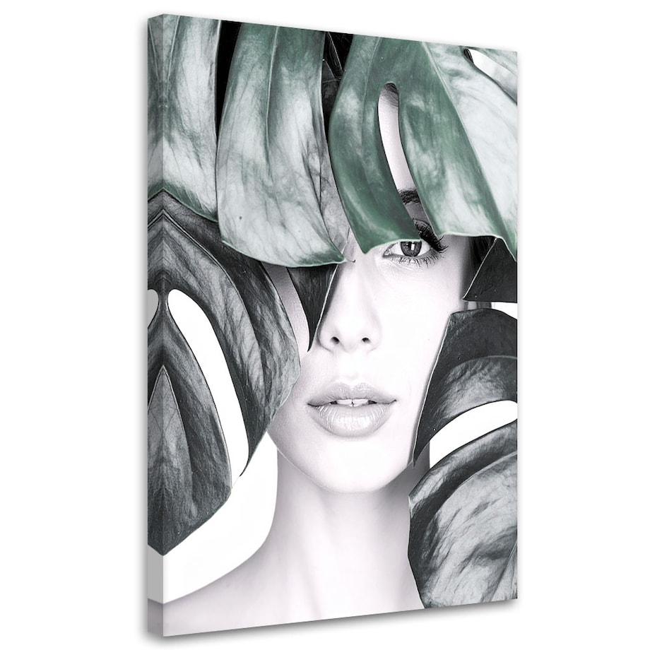 Obraz nowoczesny do salonu sypialni, Portret kobieta i liście monstery 60x90