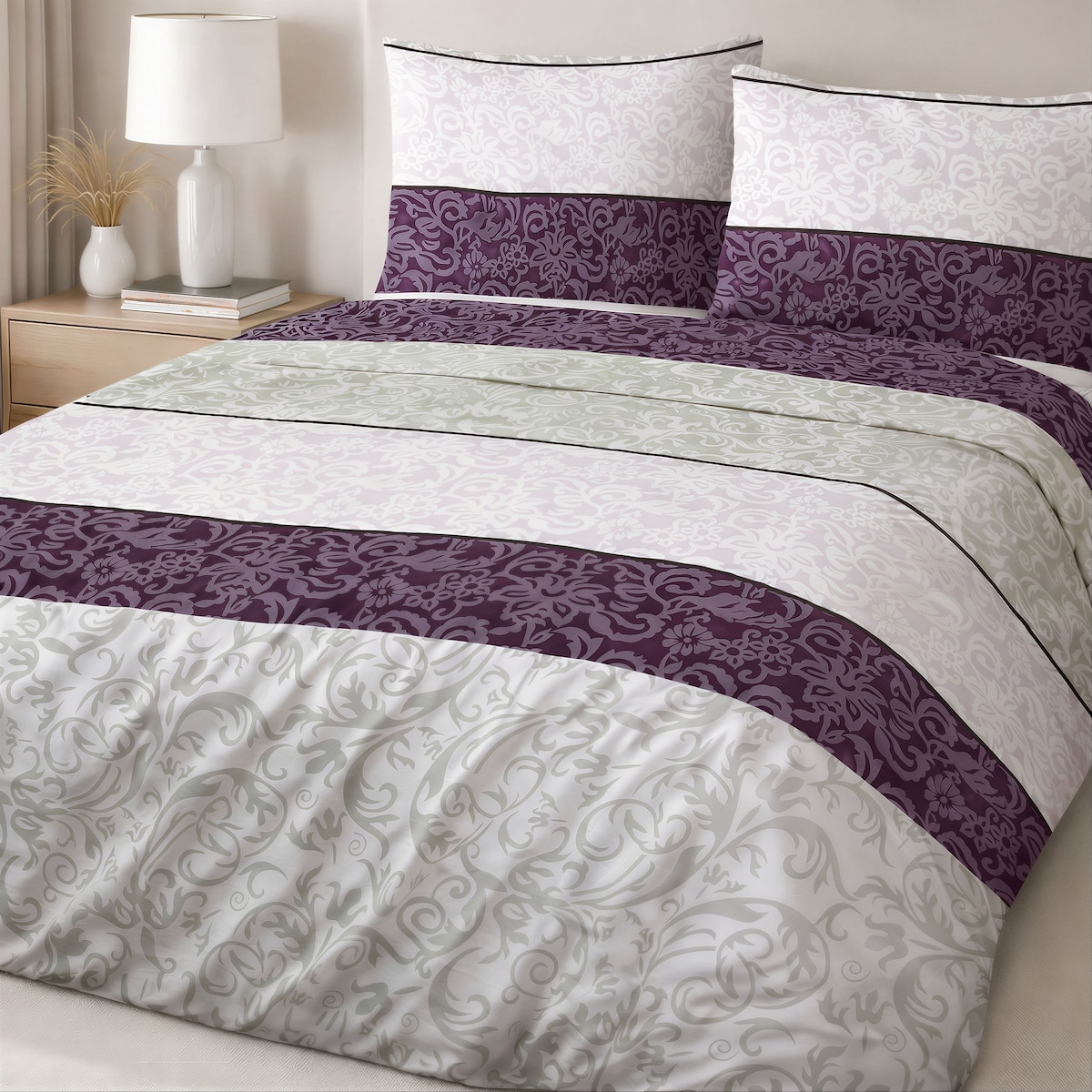 Pościel bawełniana Royal Harmony w ornament, fioletowa i szara, Cottonlove, Darymex