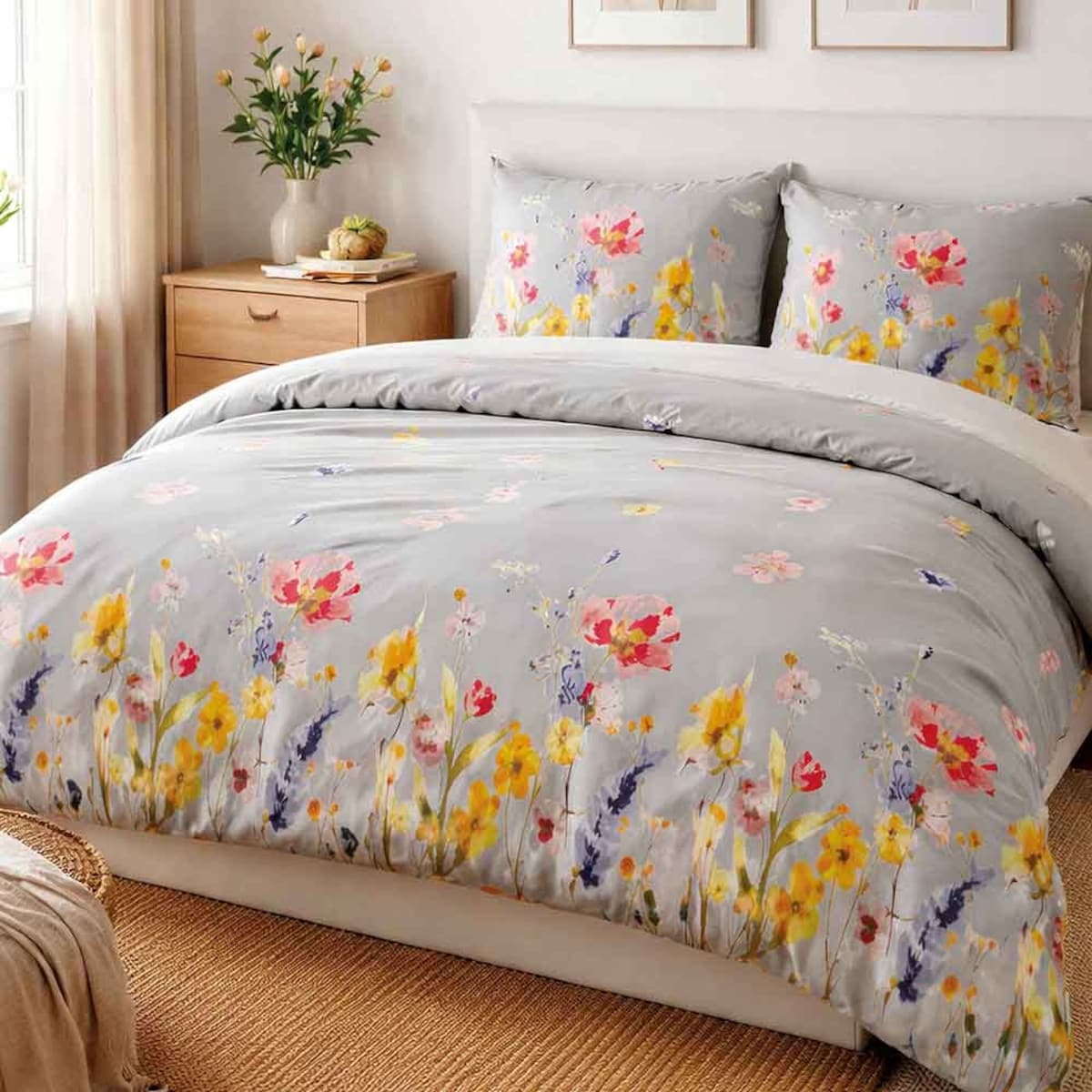 Pościel flanelowa Bellis Grey, szara w kolorowe kwiaty, Flanelove, Darymex