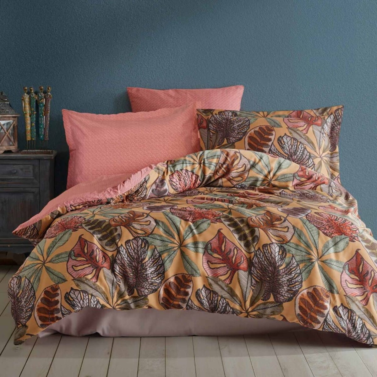 Pościel satyna bawełniana 160x200 Luxury Premium Greta Terra brązowo zielone liście